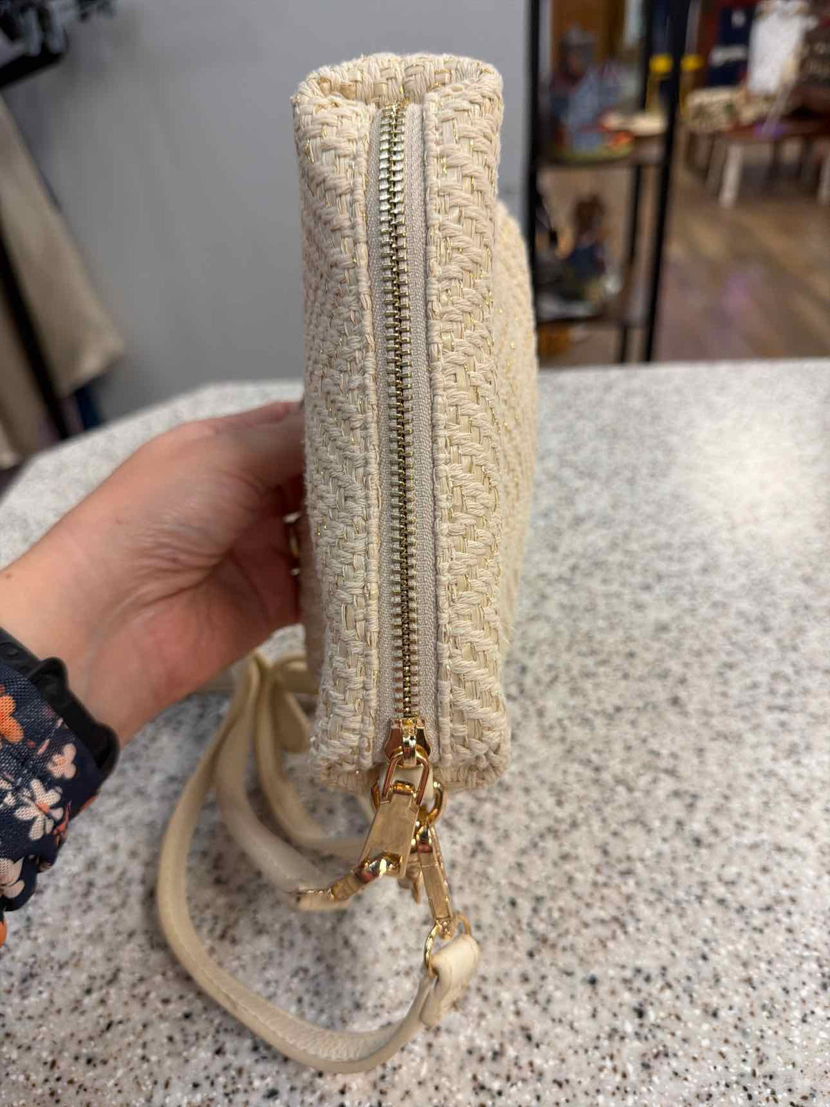 Madison West Cream Woven Canvas Gold Shimmer Crossbody Wristlet