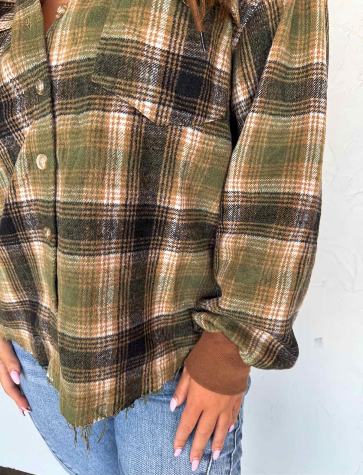 Mountain Morning Plaid Shacket Hoodie Frayed Hem