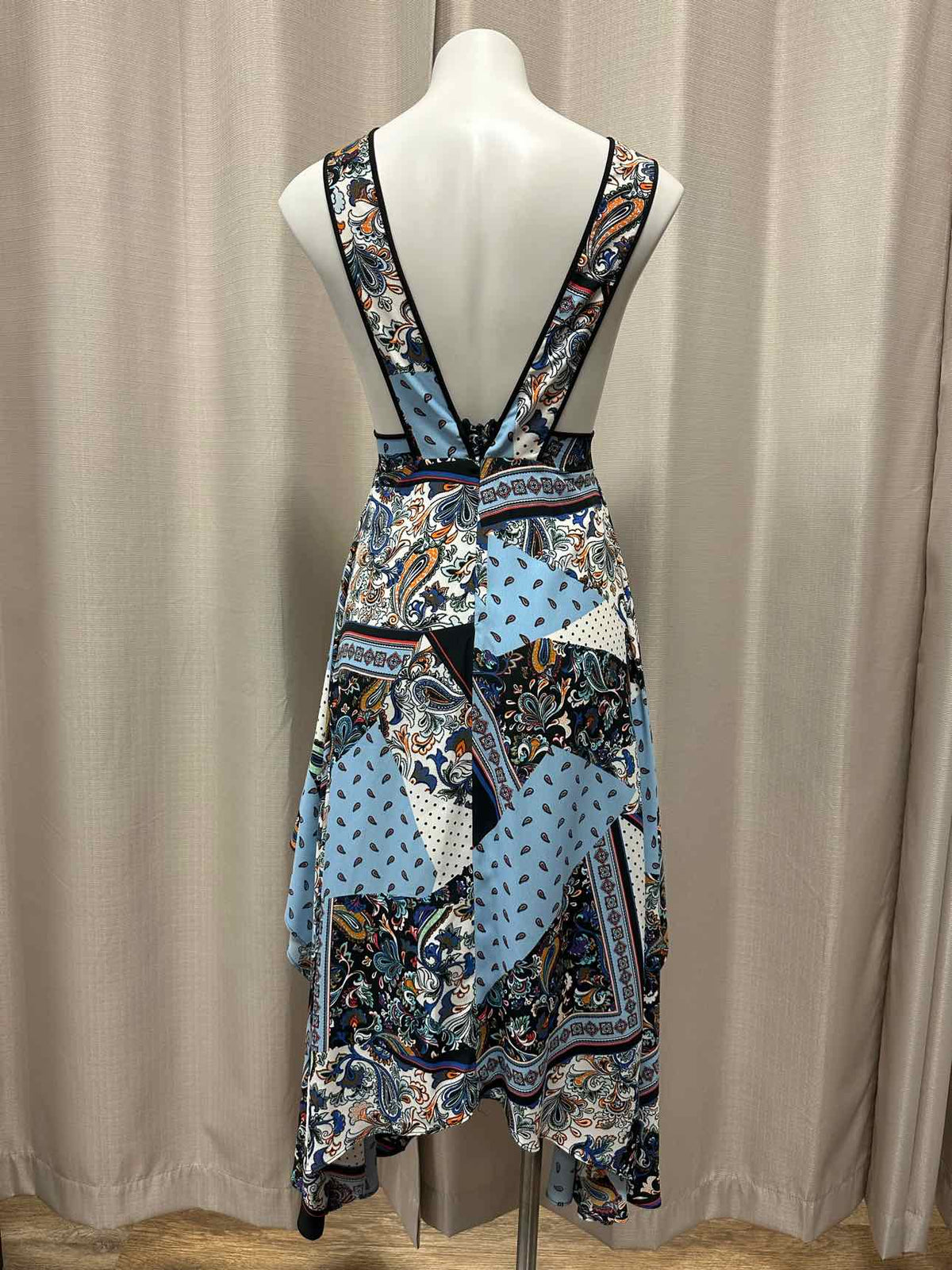Topshop Paisley Patchwork Plunge Neckline Open Back Maxi Size 2 Blue/White Dress
