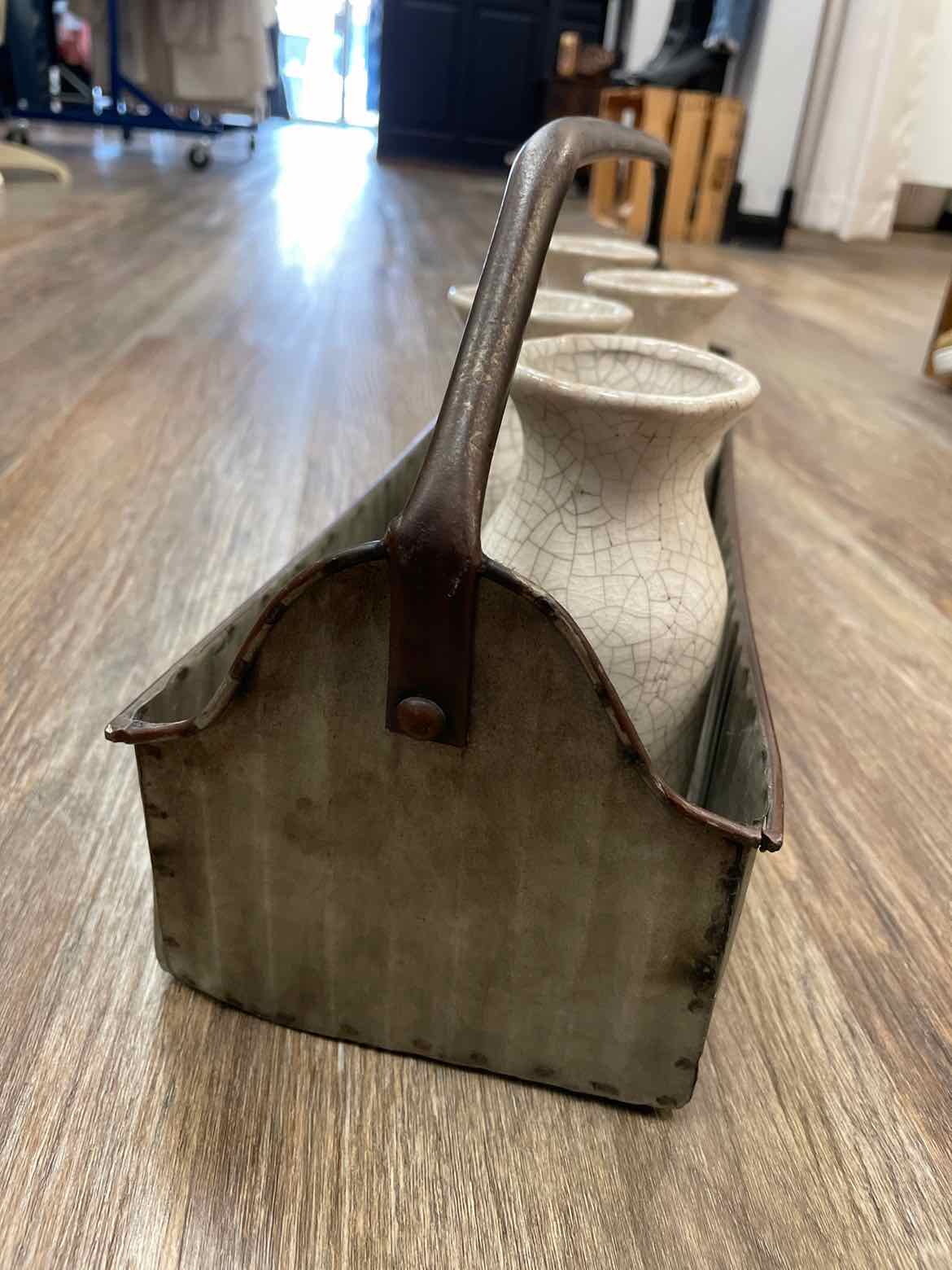 Rustic Metal Tote with 4 Crackle Bud Milk Jug Ceramic Bottles Home Decor