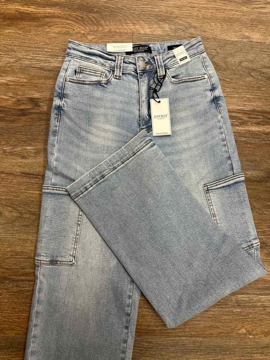 Judy Blue High Waist Cargo Wide Leg Denim Light Wash Jeans