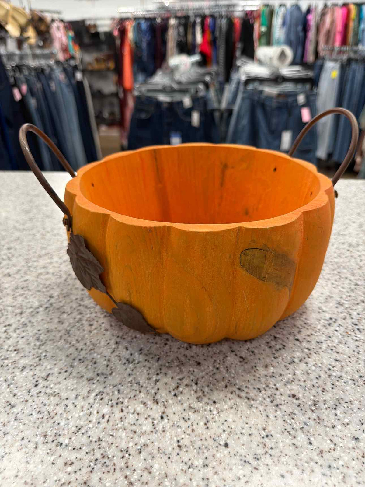 Wood Painted Pumpkin Basket Metal Handles Leaves Household