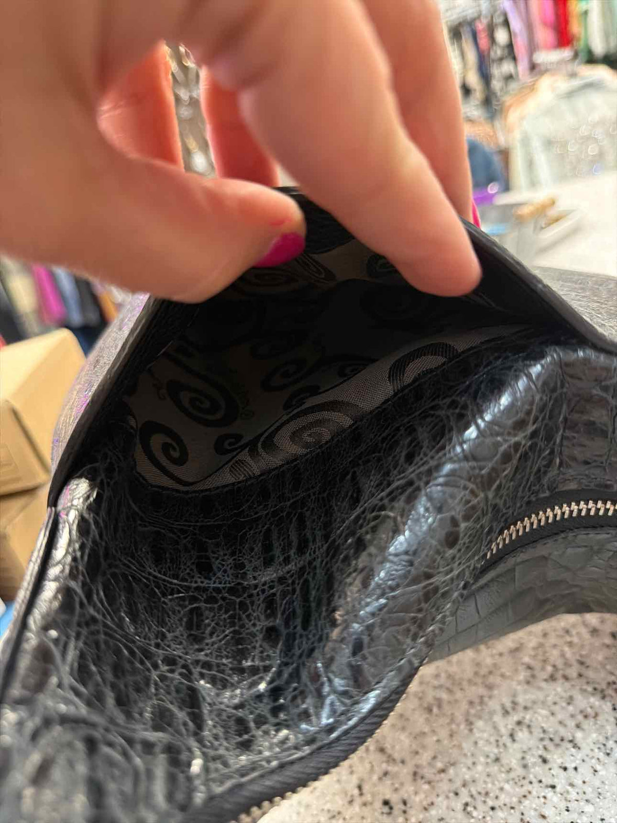 Brighton Block Mock-Croc Black Embossed Patent Leather Shoulder Bag