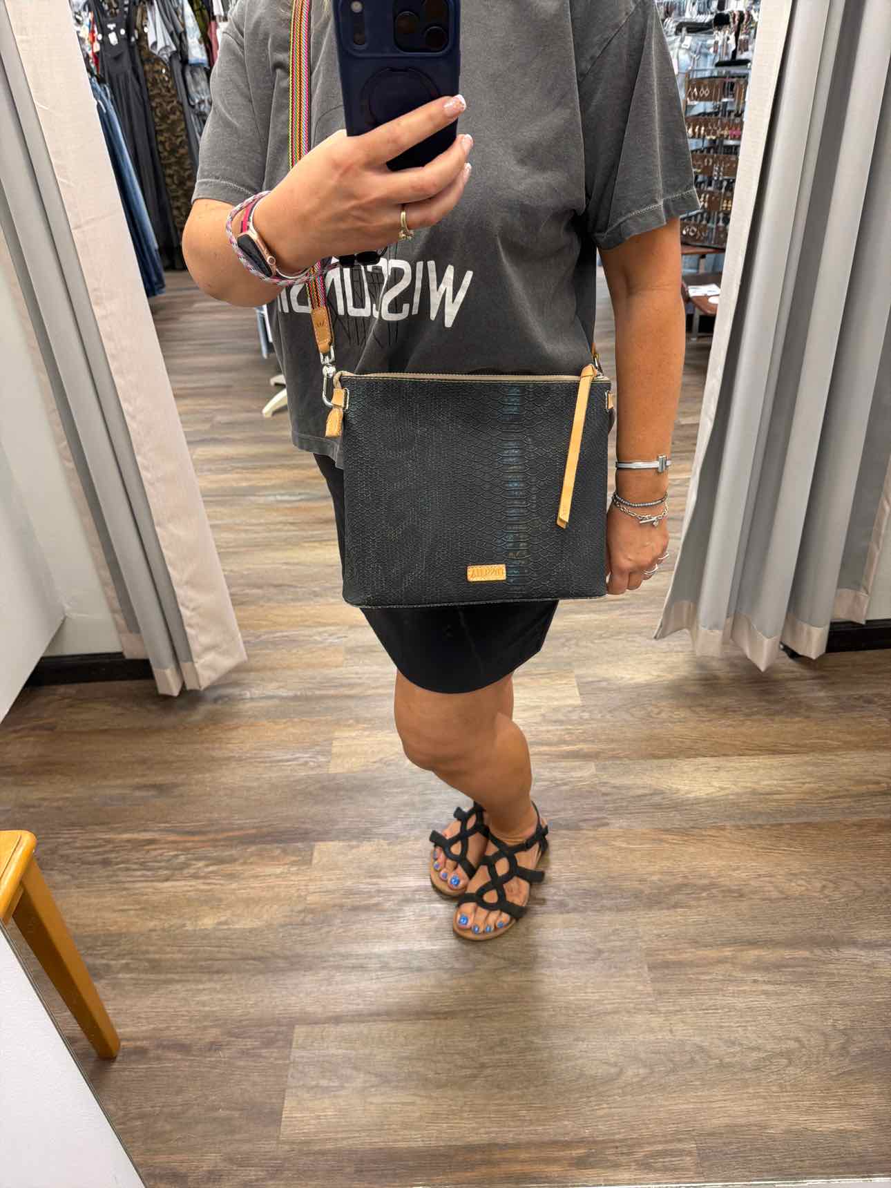 Consuela Rattler Downtown Crossbody Snakeskin Ebossed Leather Black Handbags