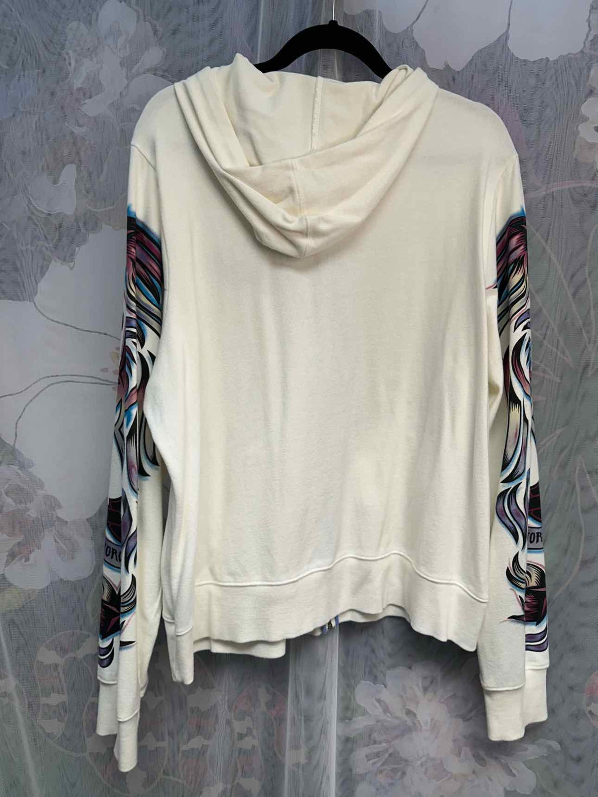 Harley Davidson Print Design Sleeves Zip Up Size 1 White Sweatshirt