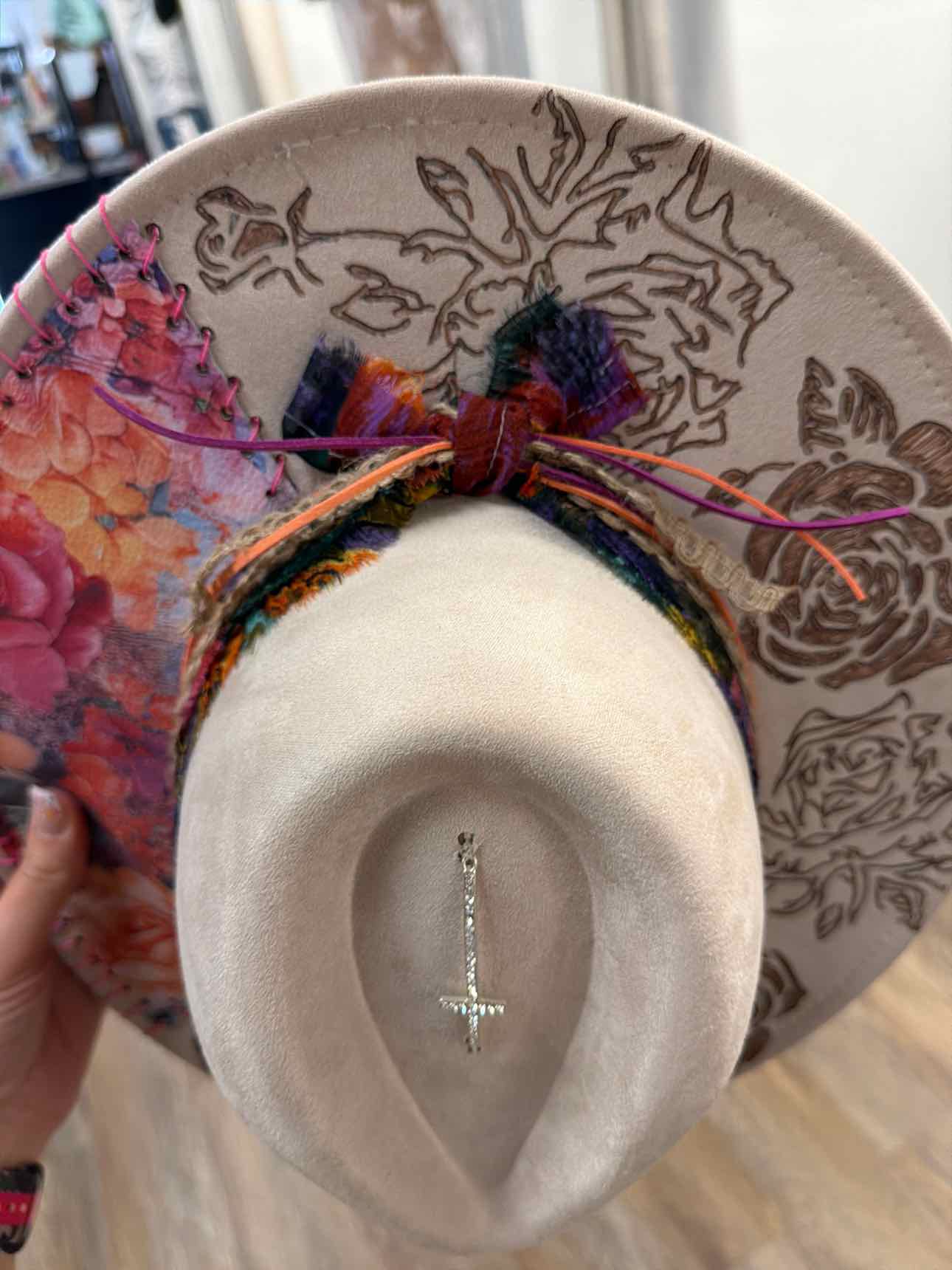 Custom handmade burned cowgirl cowboy hat with rose burnished patch and ribbon