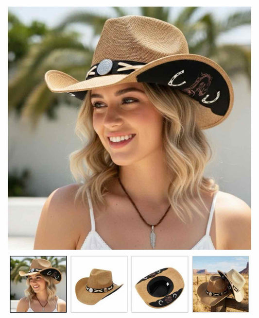 Straw Cowboy Hat With Suede Under-Brim & Embroidered X-Lace & Concho Brim
