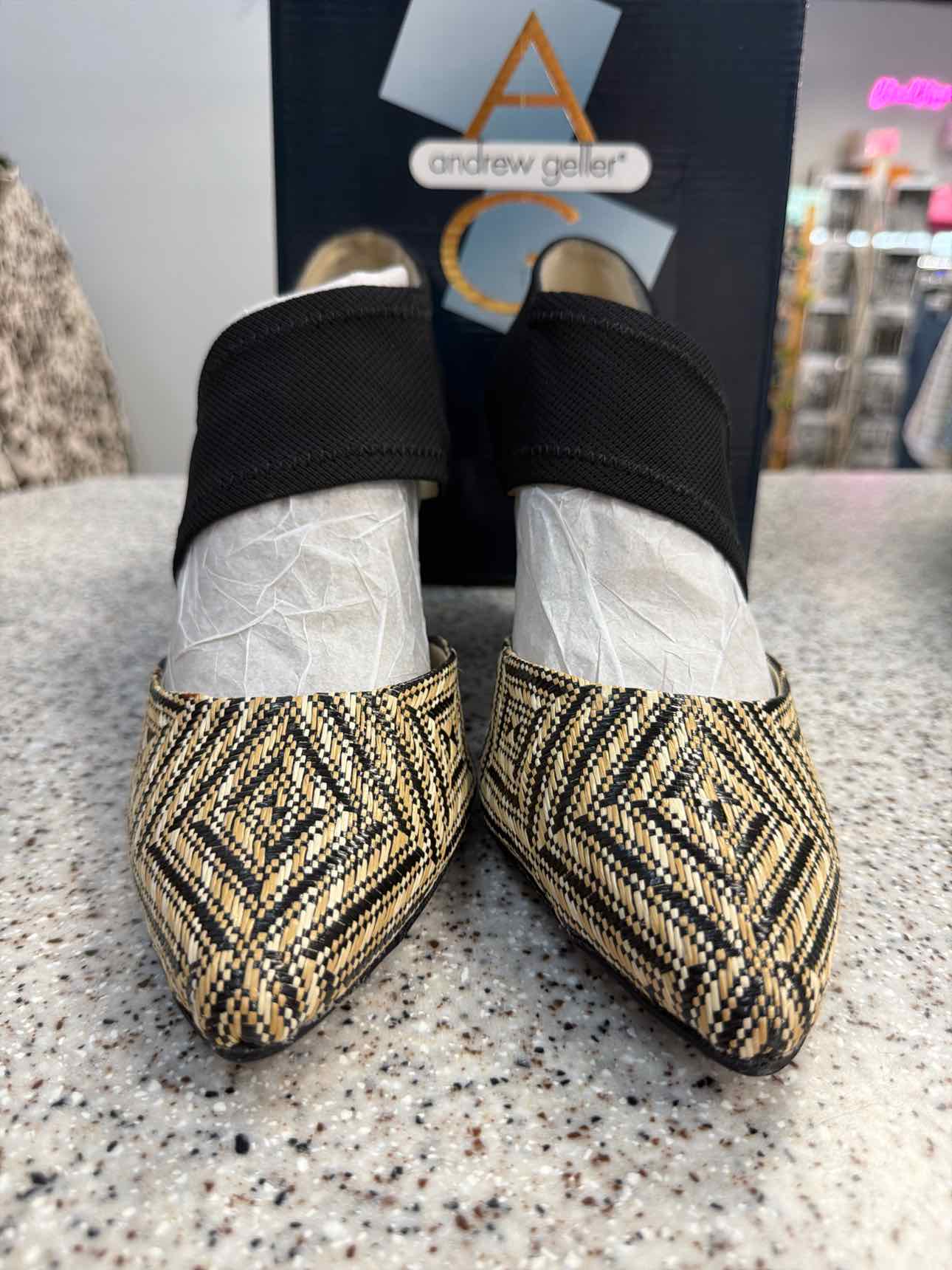 Andrew Geller Size 9 NEW Women's Geometric Woven Stretchy Strap Black Tan sandal