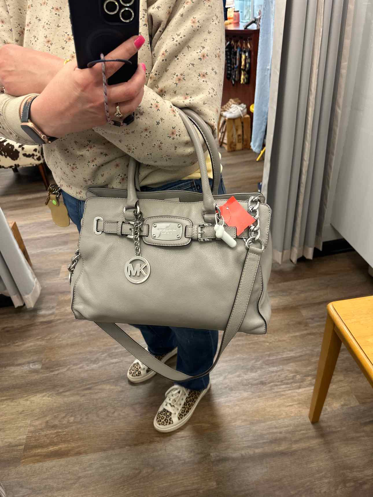 MICHAEL KORS Large Gray Hamilton Leather Satchel Handbag