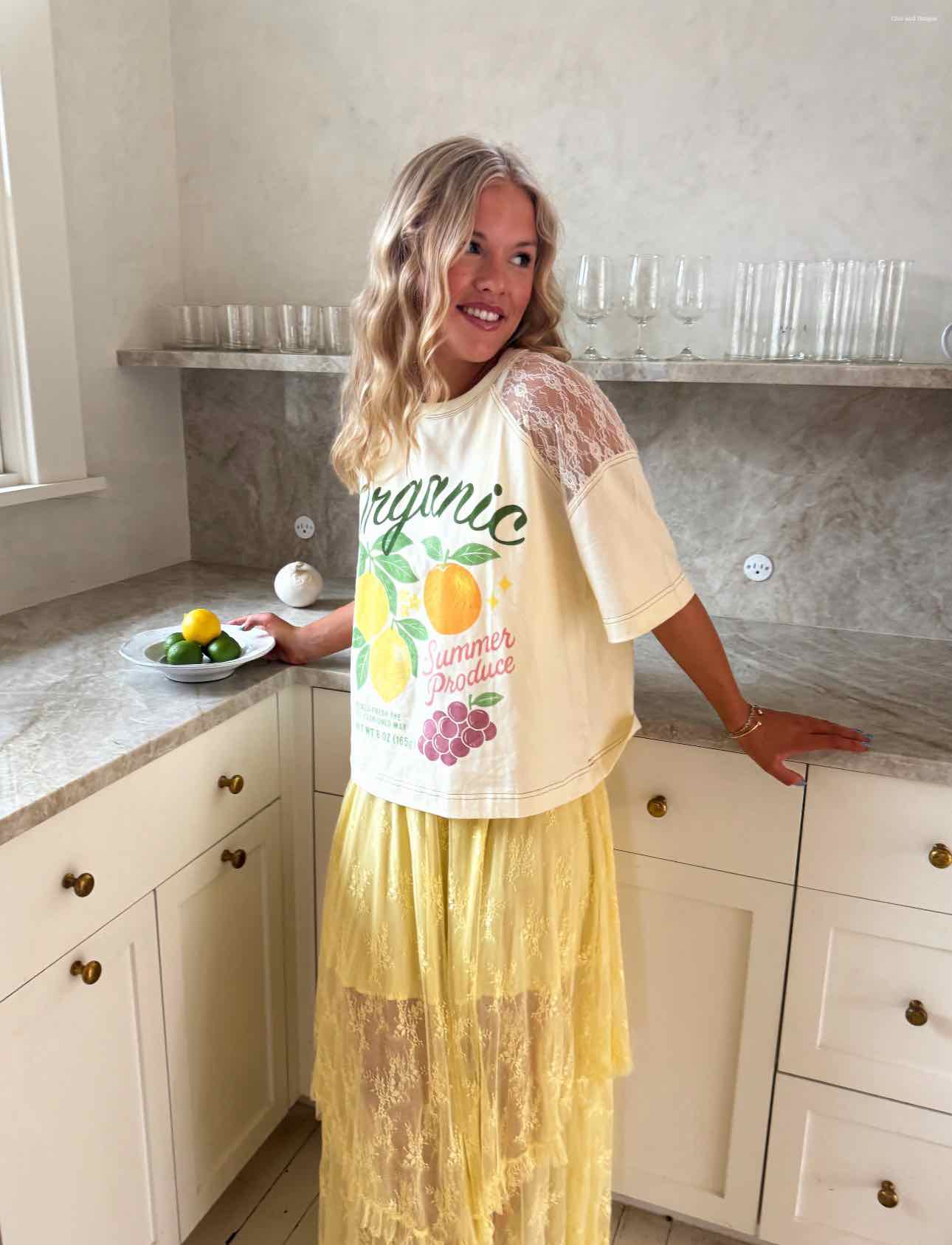 Blakeley Lace Sleeve Organic Summer Produce Knit Yellow Top