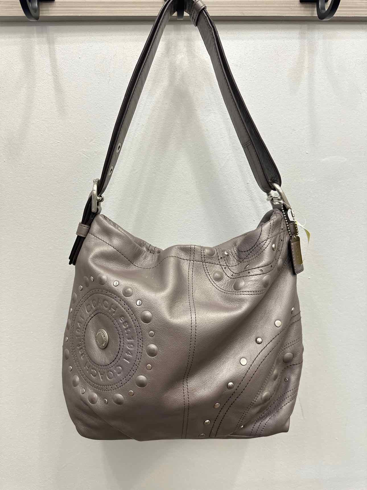 Coach Studded Applique Duffel Hobo Grey Leather Shoulder Handbag