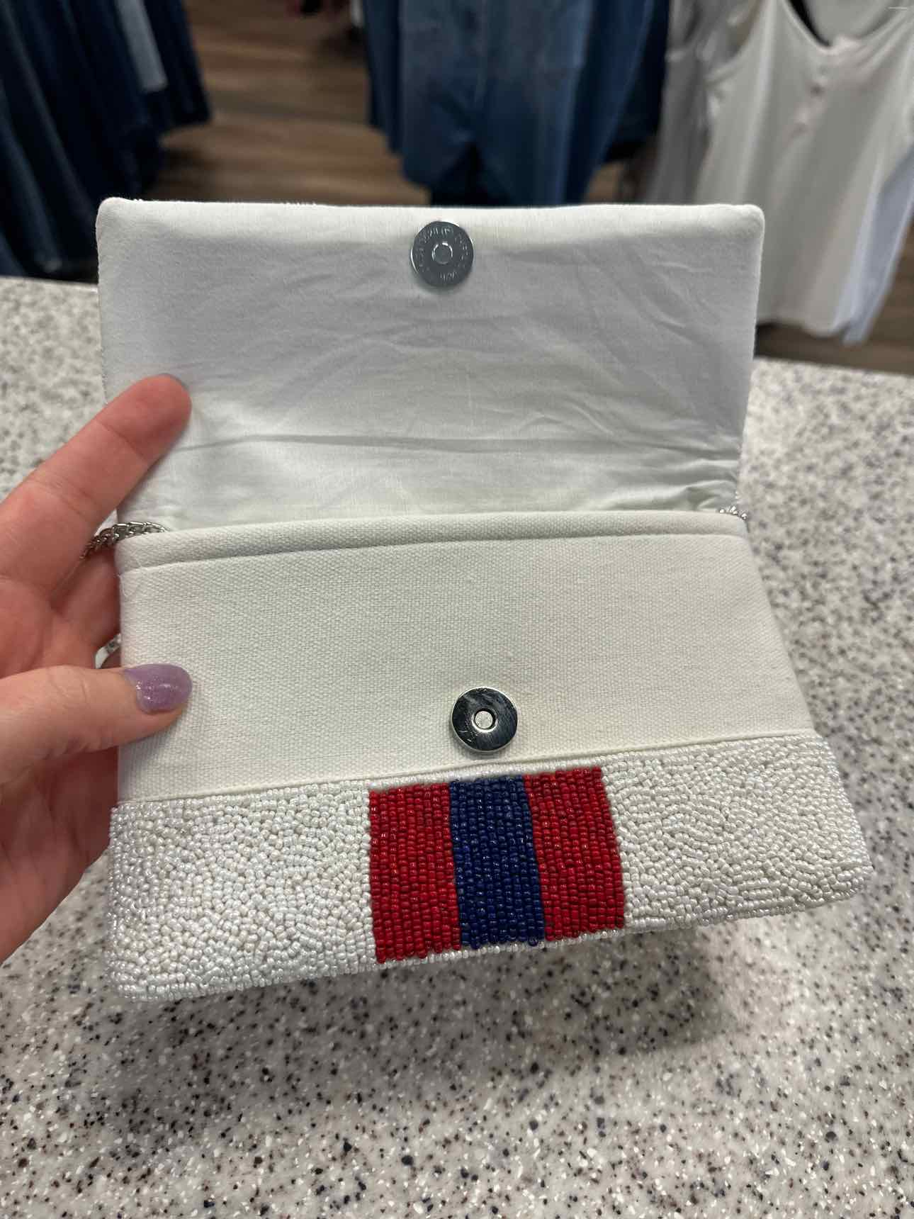 Seed Bead Clutch in White with Red and Blue Stripes