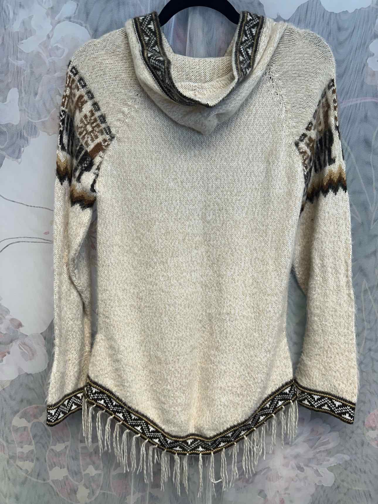 Incas Andes 100% Alpaca Wool Embroidered Fringe Medium Tan/Brown Pullover Hoodie
