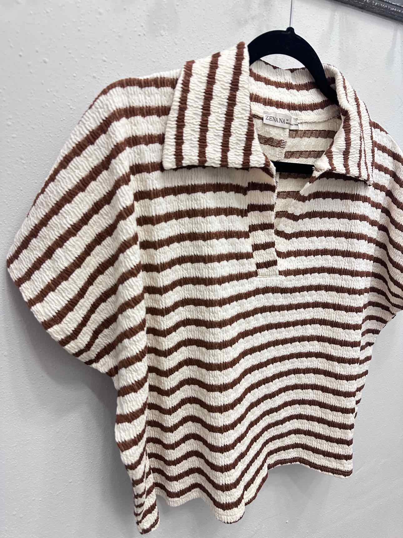 Zenana Size Striped Short Sleeve Collar Cropped Top