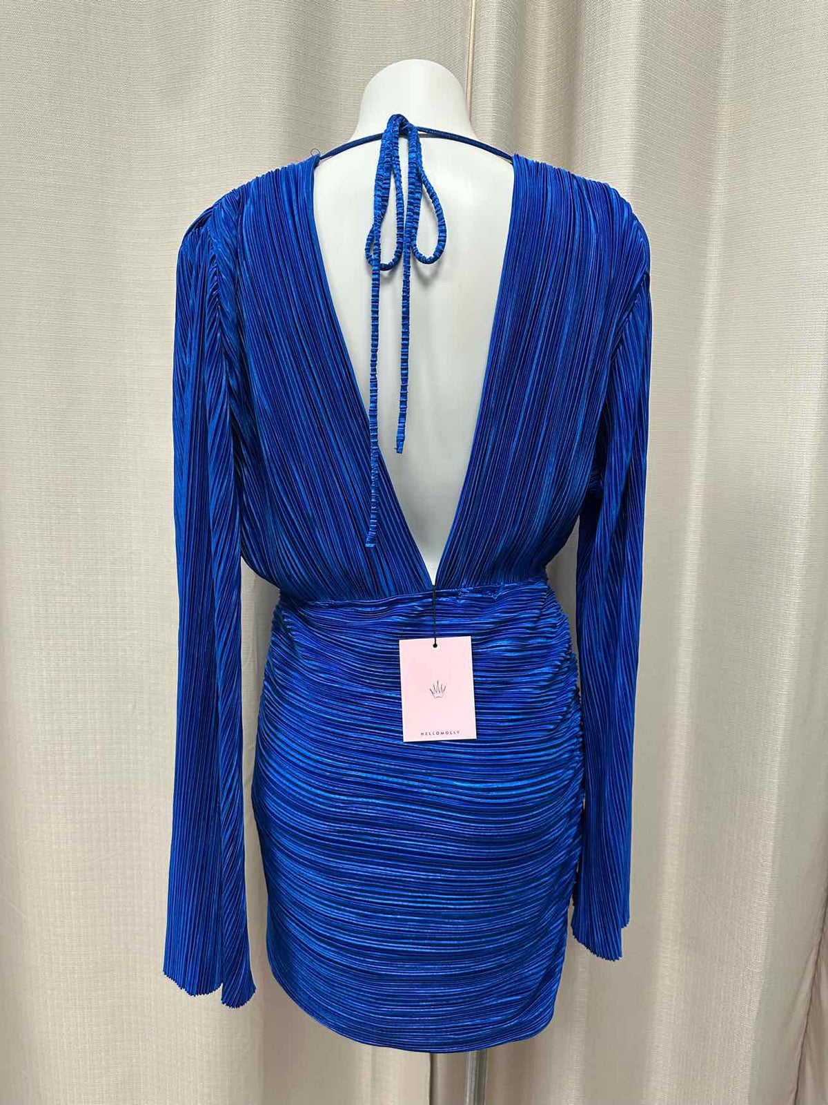 Hello Molly NEW NWT Ribbed Plunge Long Sleeve Ruched Skirt Size 10 Blue Dress