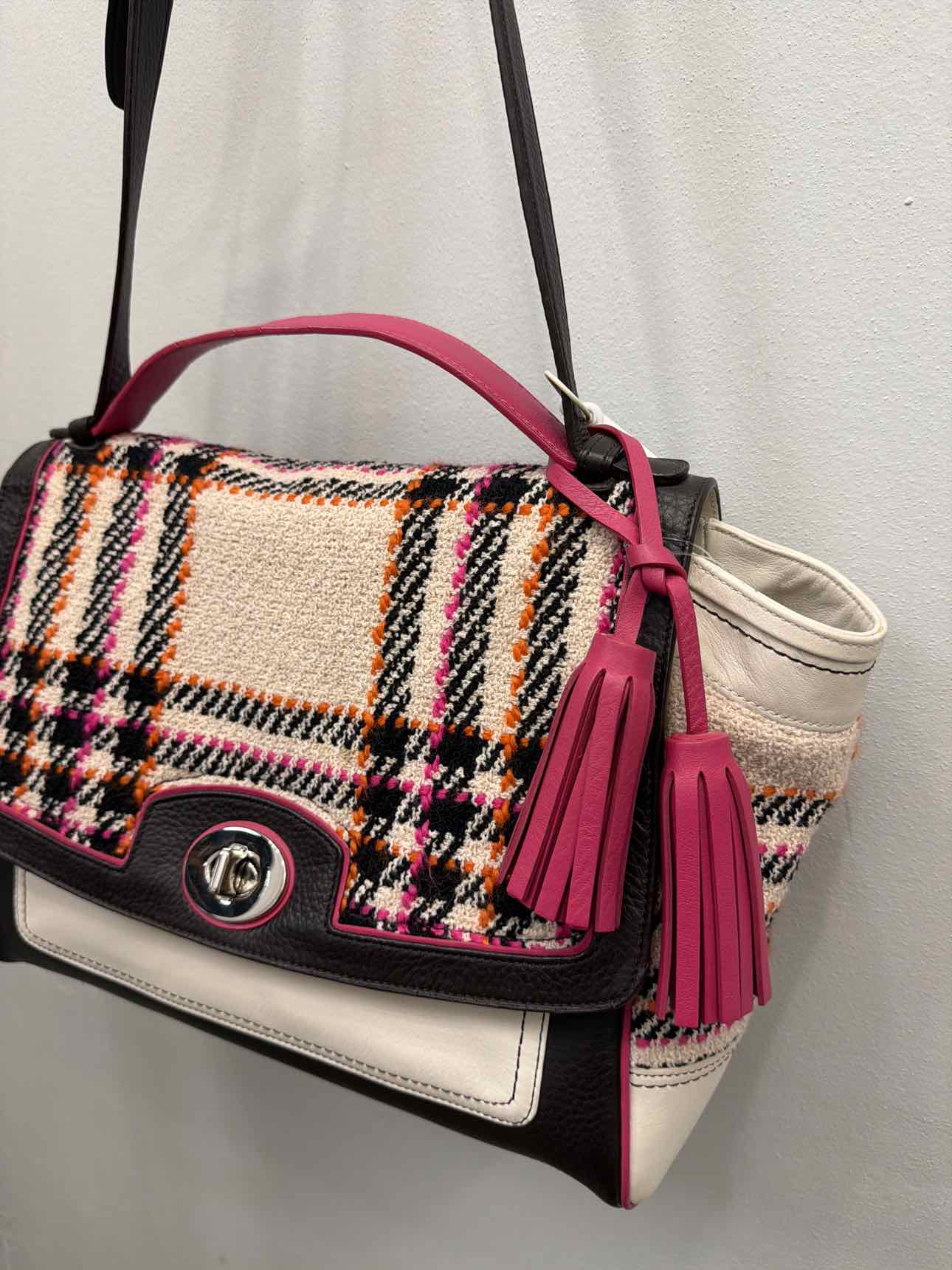 Coach Legacy Multicolor Tweed Duffle tweed plaid leather turnlock Pink Handbags
