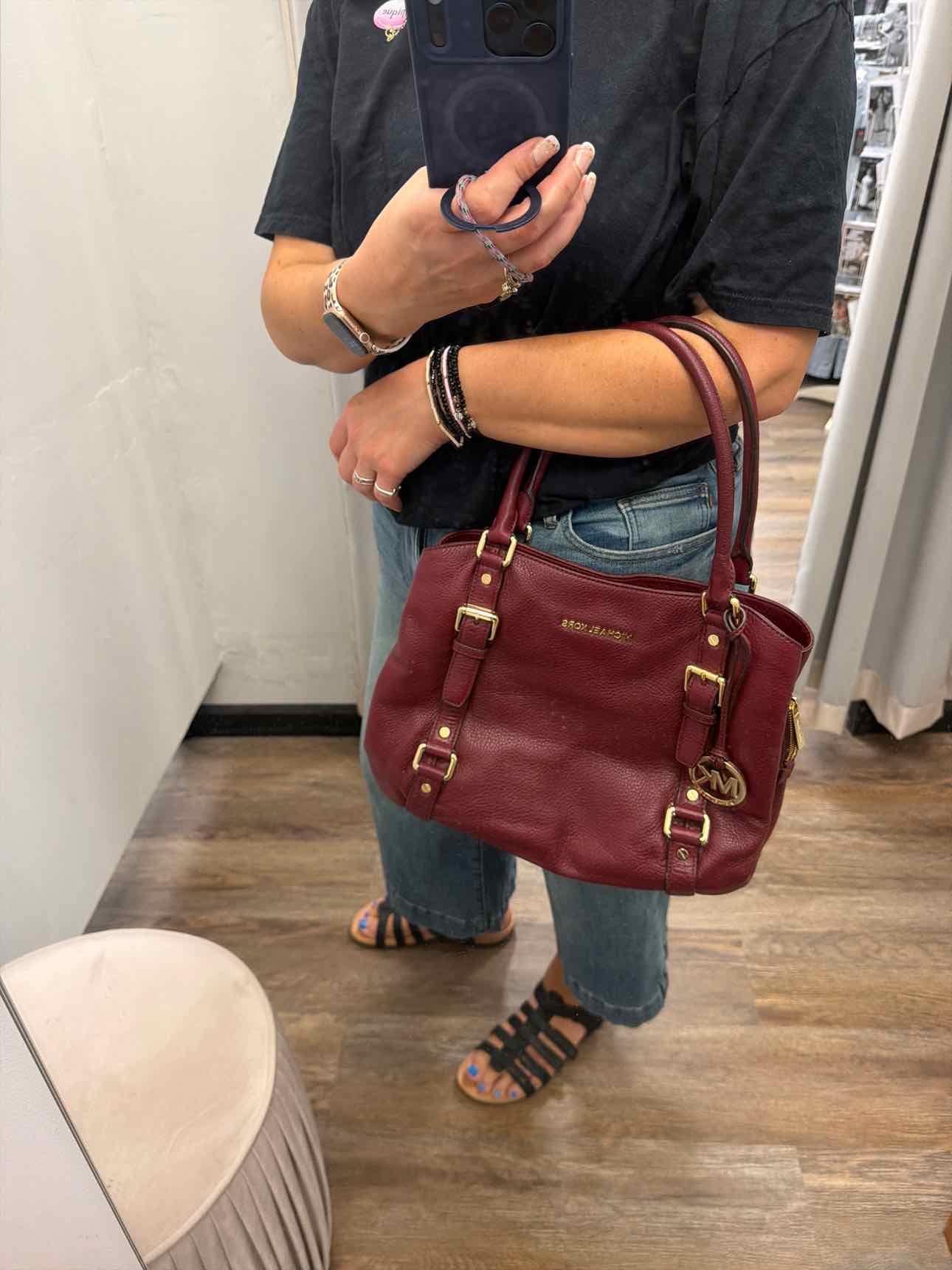 MICHAEL KORS Bedford Pebble Leather Satchel Maroon Handbags