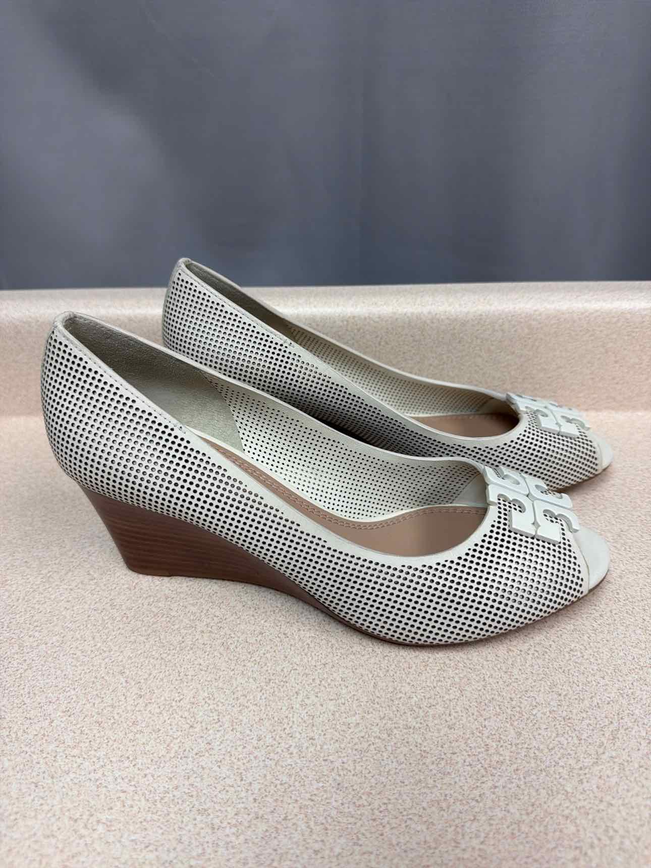 Tory Burch Size 7.5 leather slip on wedge, mesh Off white Sandals Shoes