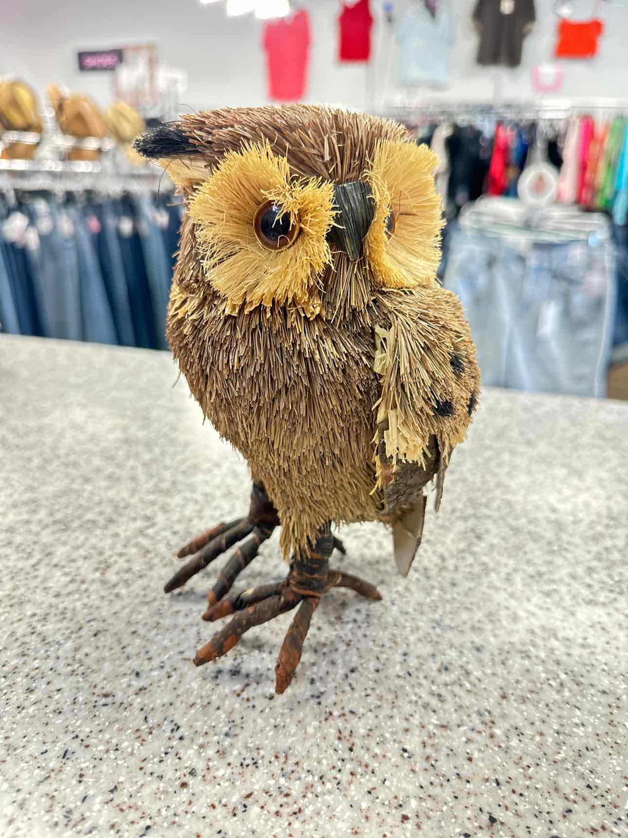 Rustic Owl Figure, made of natural Raffia, Straw, and Wood Home Decor