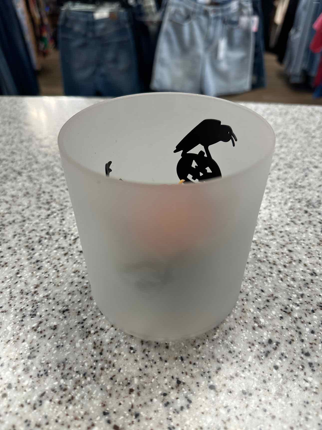 Partylite Frosted Glass Crow and Pumpkins Halloween Shadow Candle Holder
