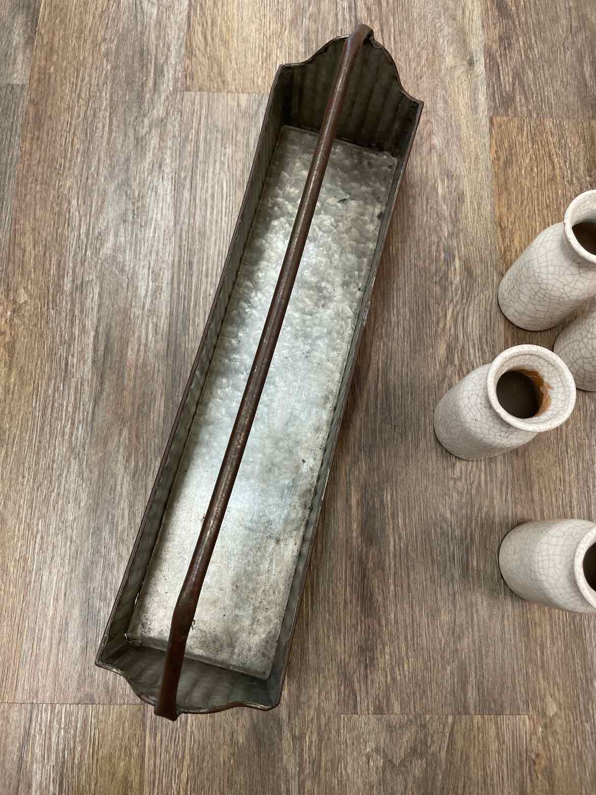 Rustic Metal Tote with 4 Crackle Bud Milk Jug Ceramic Bottles Home Decor
