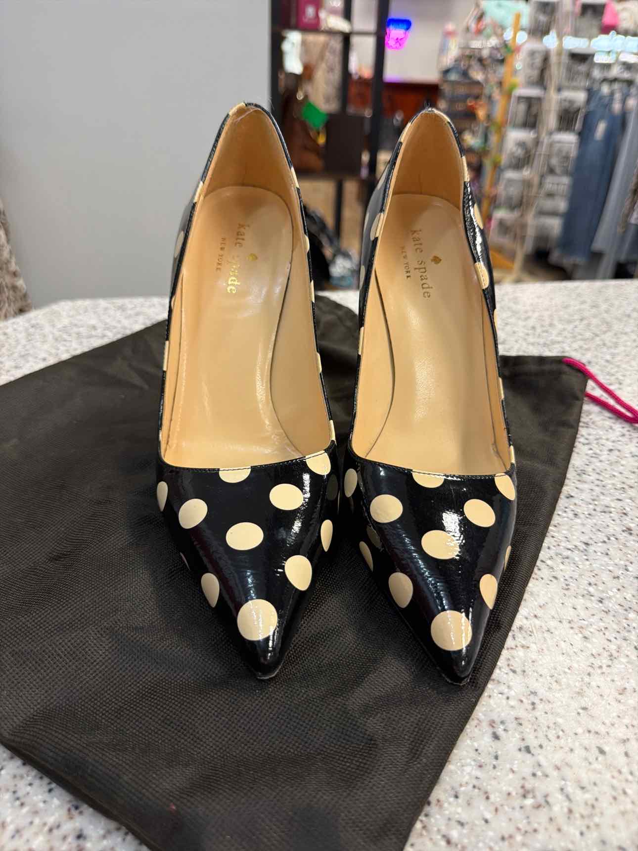 Kate Spade Size 7 Licorice Too Pump Polka Dot Leather Heels Black Tan Shoes