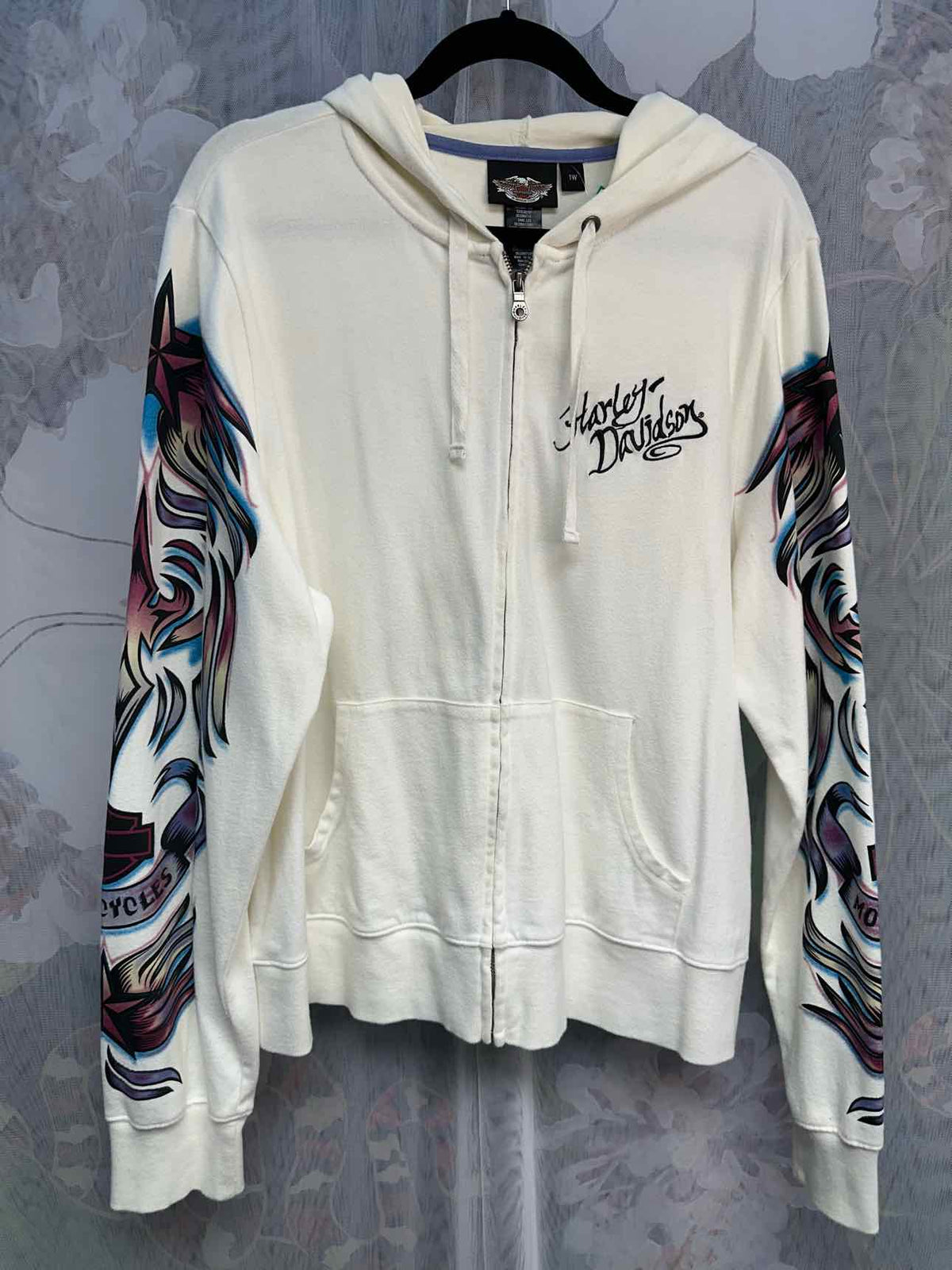 Harley Davidson Print Design Sleeves Zip Up Size 1 White Sweatshirt