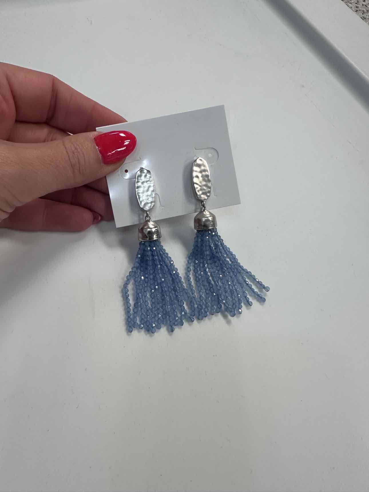 Kendra Scott Marin Tassel Hammered Silver-Tone Oval Post Dangle Blue Earrings