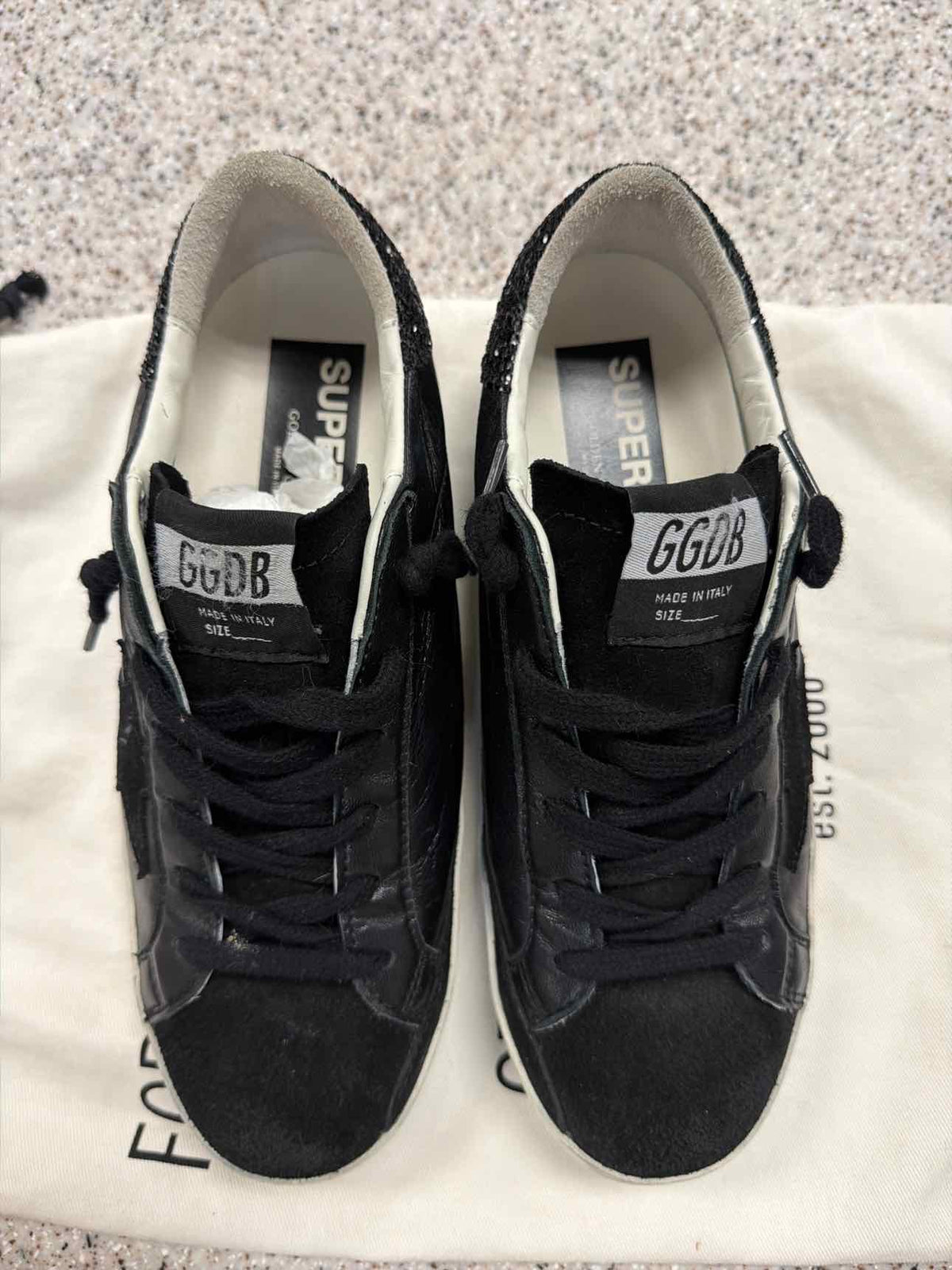 Golden Goose Size 37 Black Super-Star Nappa Leather Sneakers Glitter Shoes