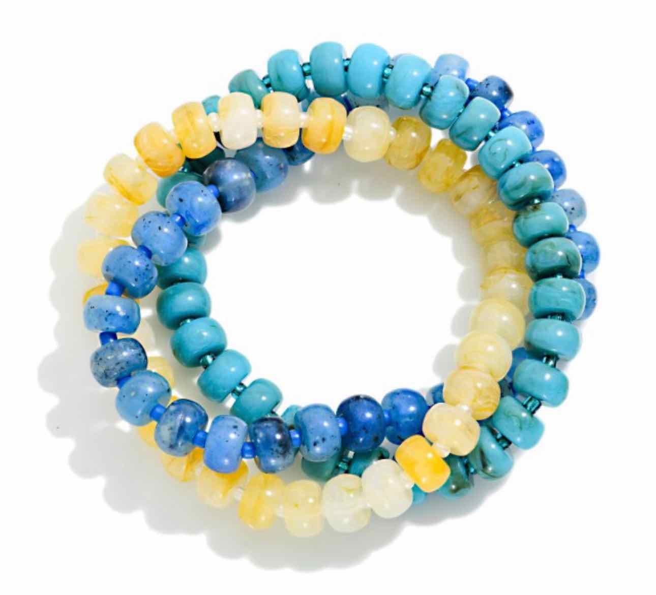 Marbled Acetate Bead Beaded Stretch Bracelets in Blue Aqua Yellow