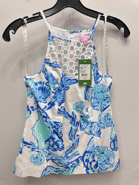 Lilly Pulitzer Size 0 Blue White Barefoot Princess Shell Print Blouse Tank Top NEW NWT