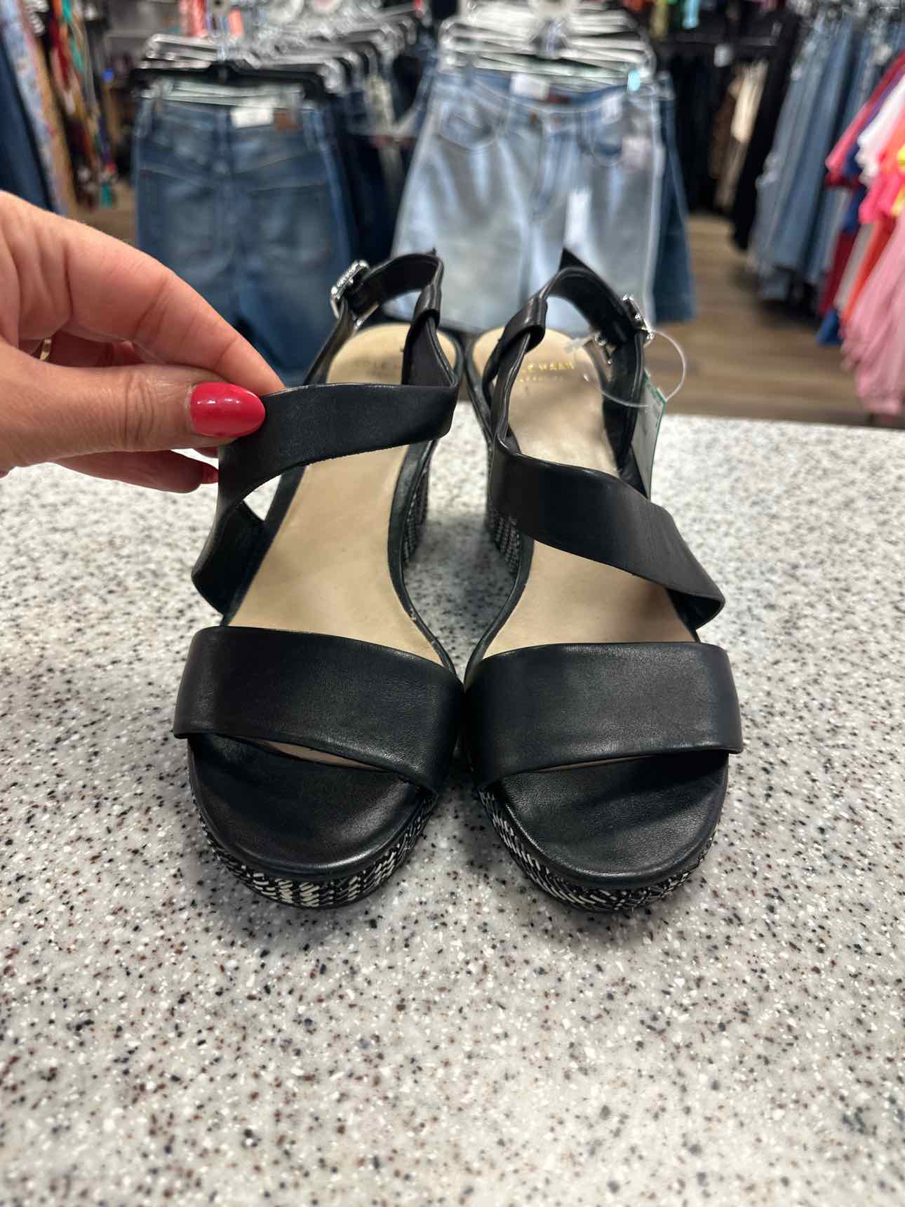 Cole Haan Size 7 Ravenna embroidered woven strappy heel Black White Sandal Shoes