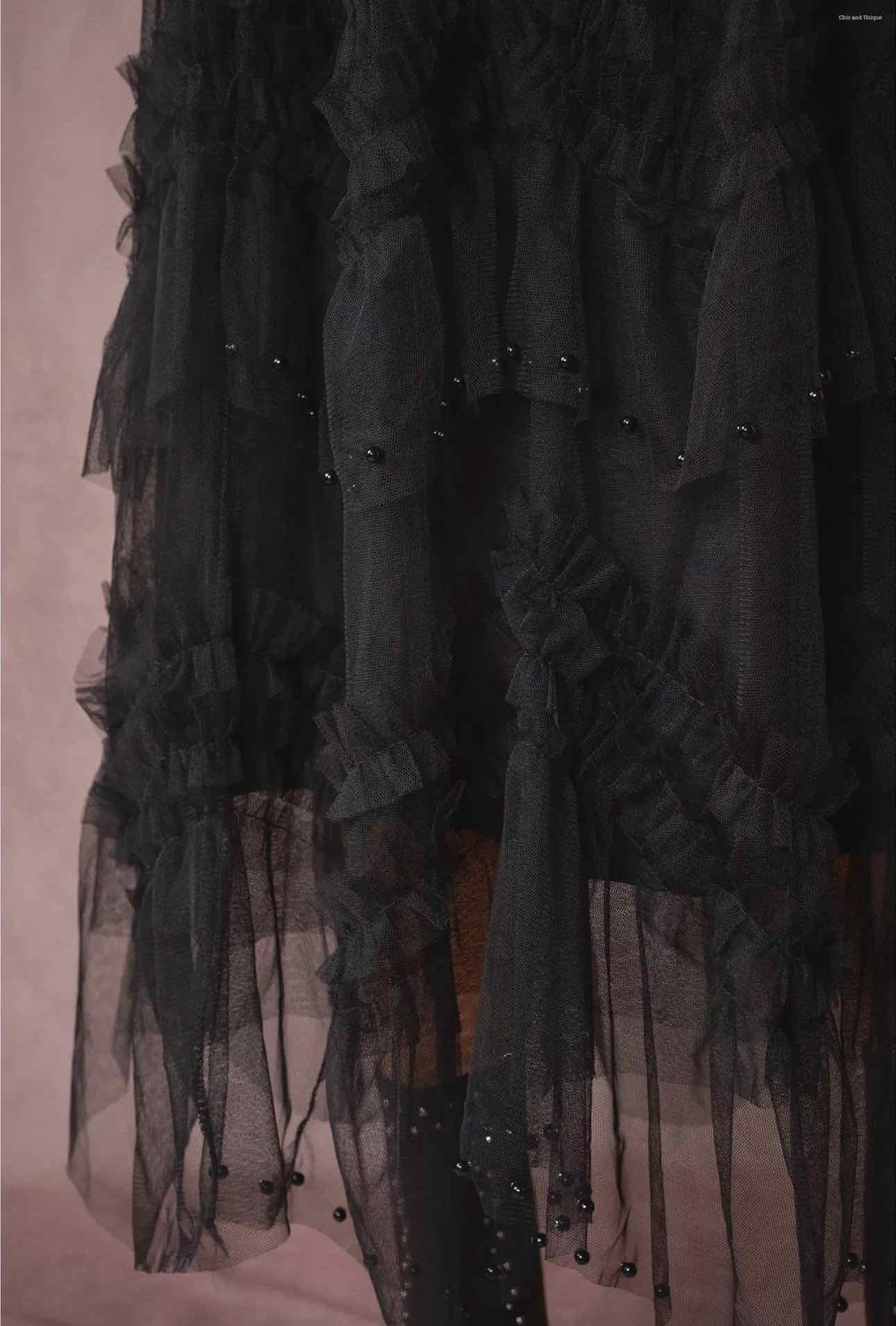 Country Blooming Lace Black Beaded Maxi Skirt
