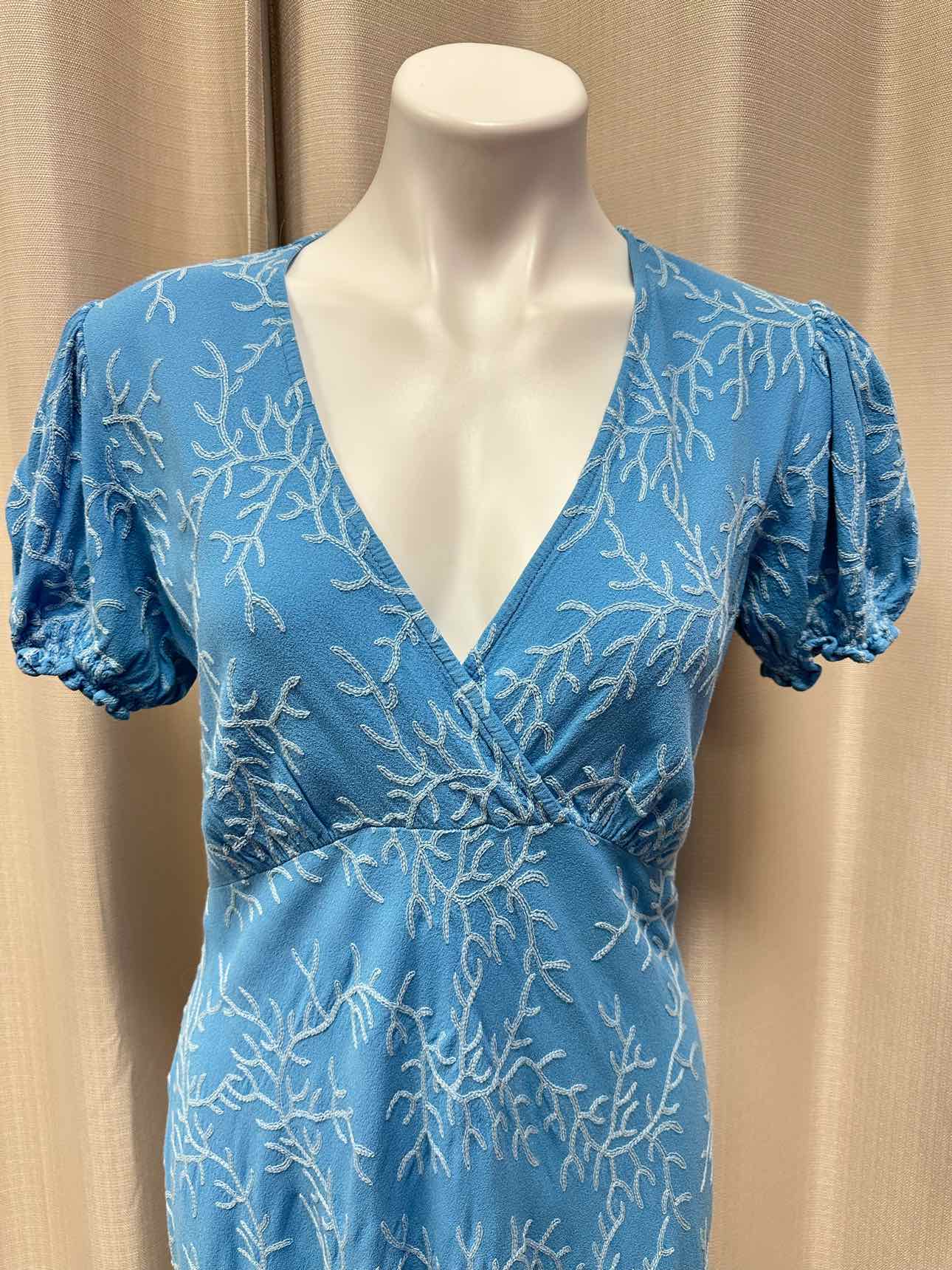 Ghost London Coral Embroidered Puffy Short Sleeve Maxi Medium Aqua Dress