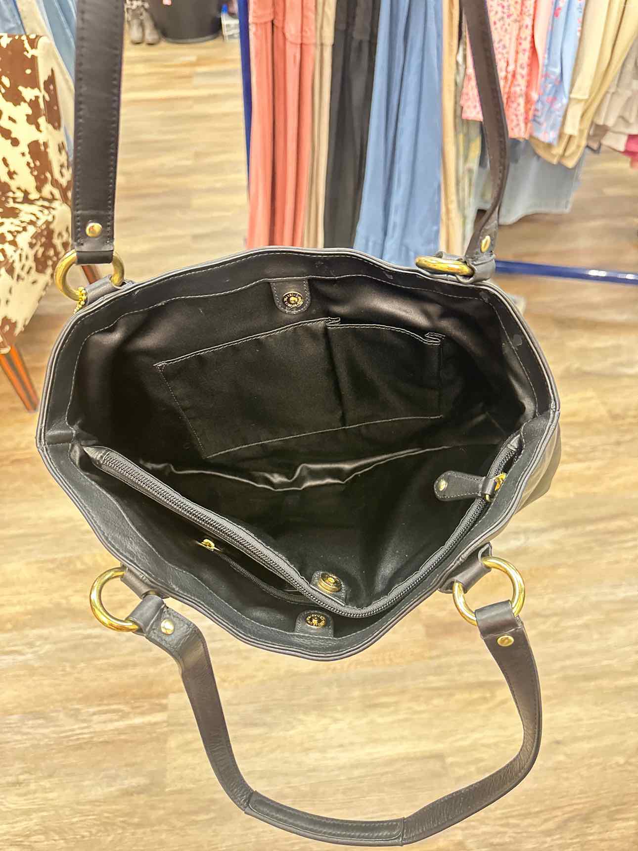 Coach Campbell Belle Carryall Leather Shoulder Bag with Buckle Black Handbags