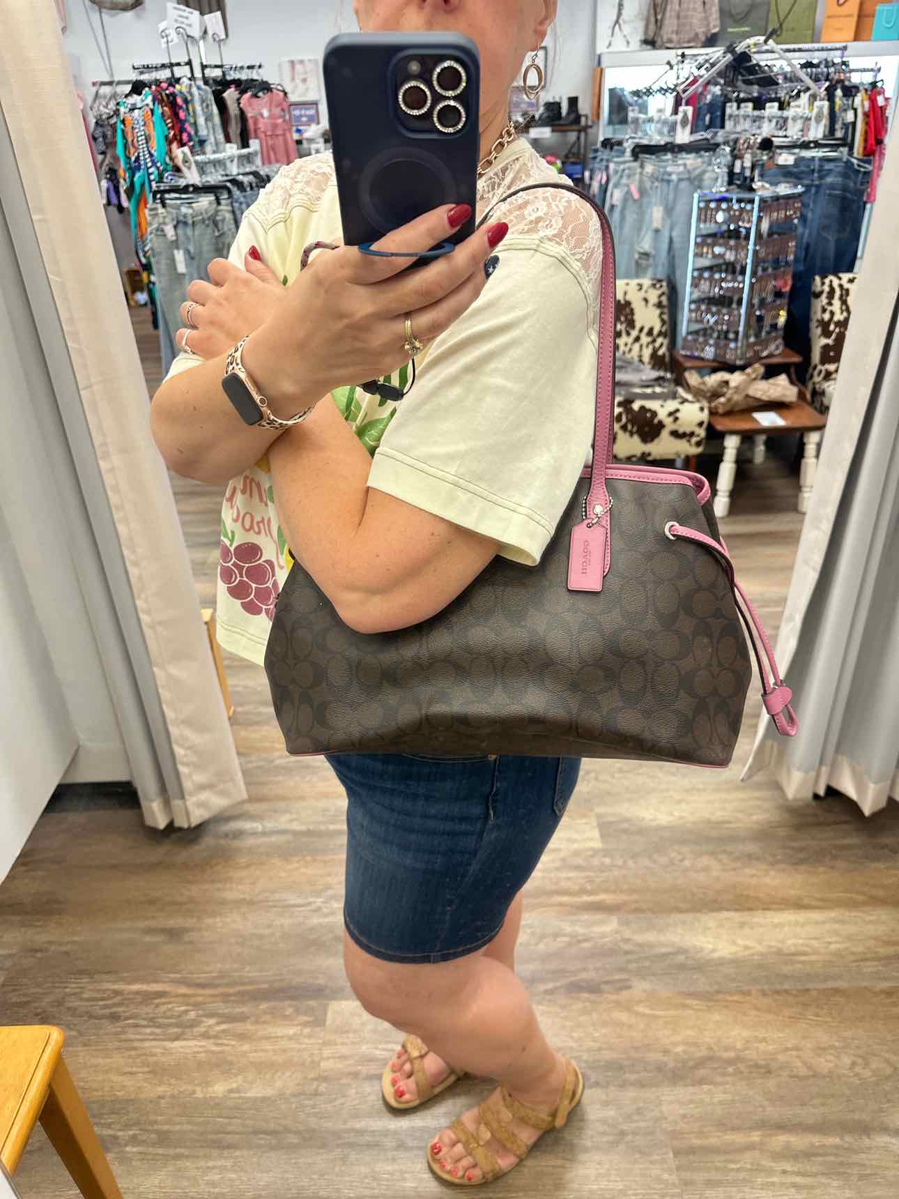 Coach Signature Drawstring Carryall Hobo Brown Blush Pink Shoulder Bag Handbags