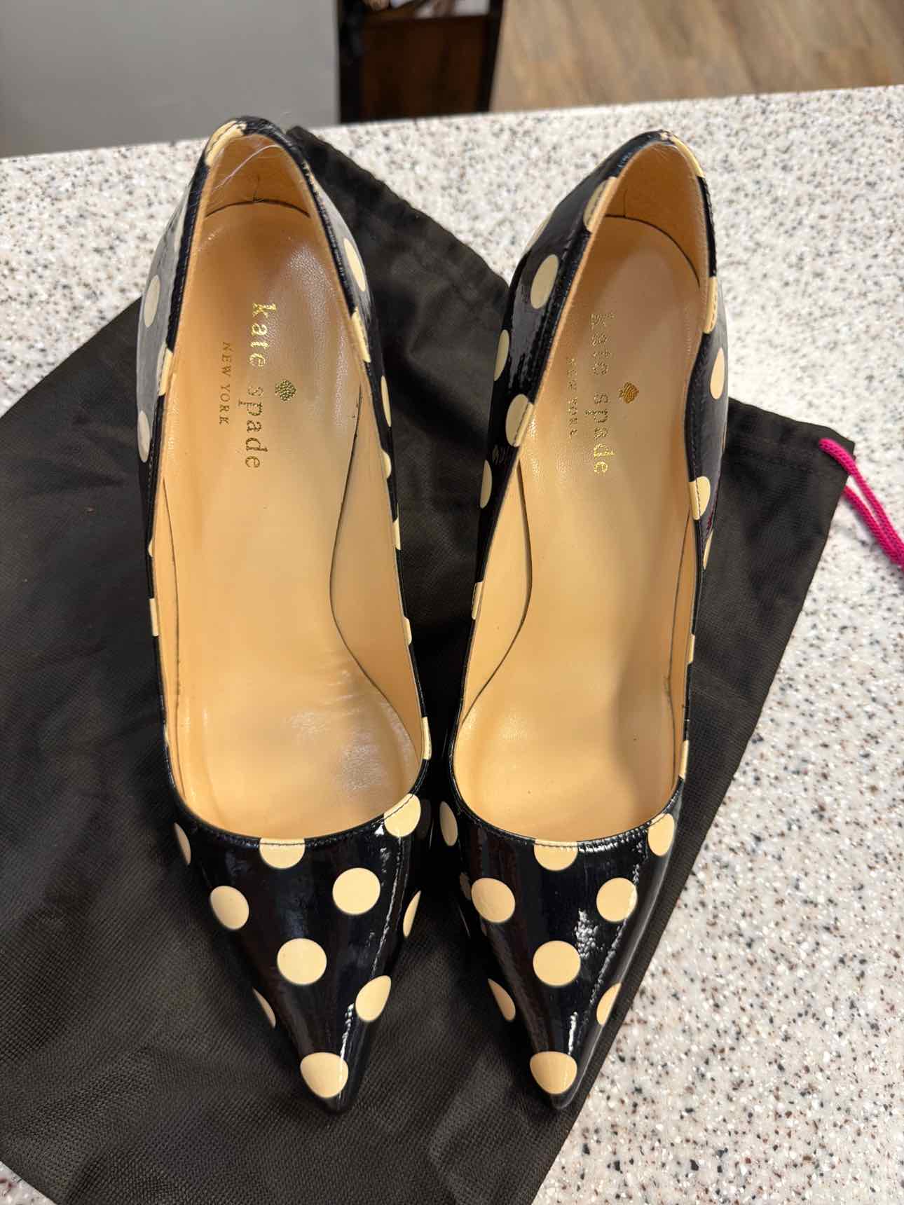 Kate Spade Size 7 Licorice Too Pump Polka Dot Leather Heels Black Tan Shoes