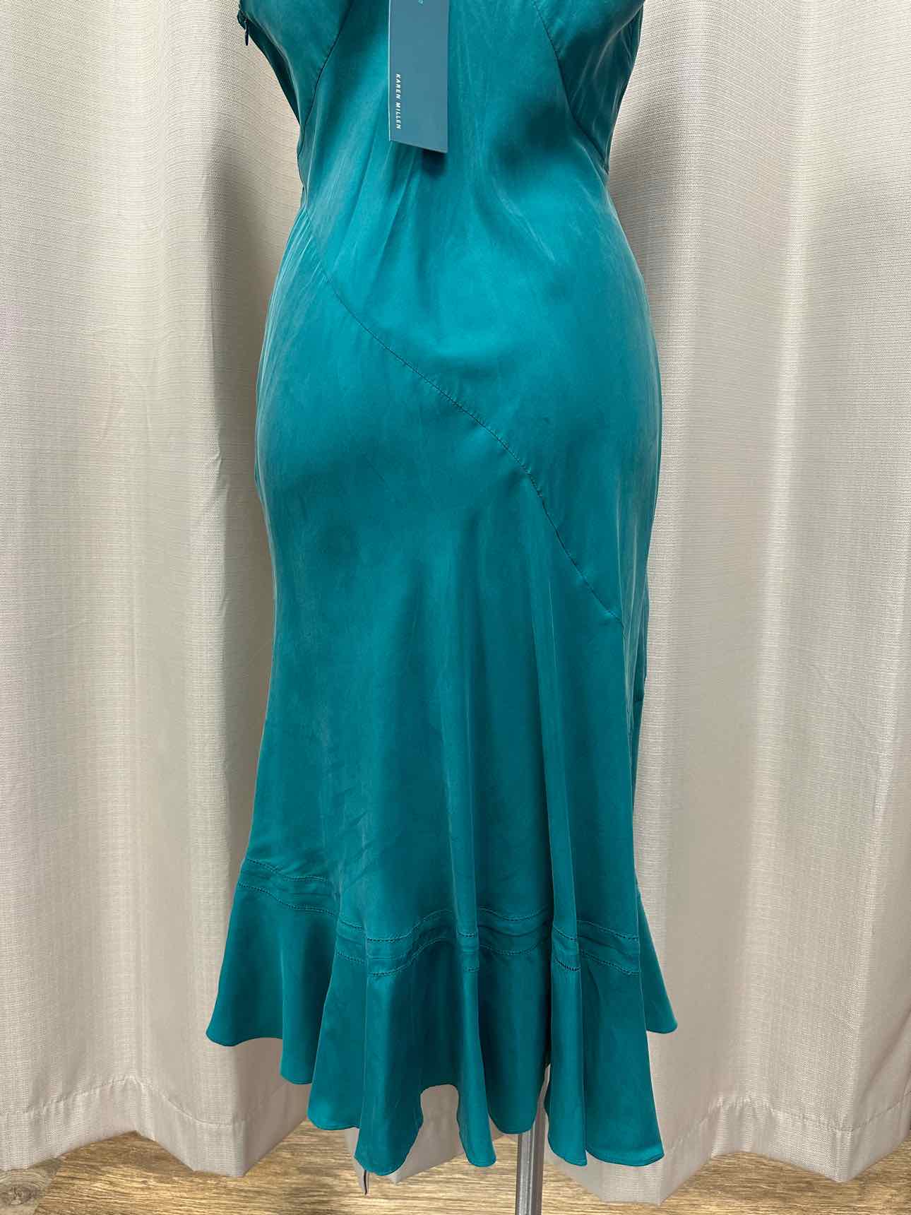 Karen Millen NEW NWT 100% Silk Beaded V-Neckline Short Sleeve Size 10 Teal Dress