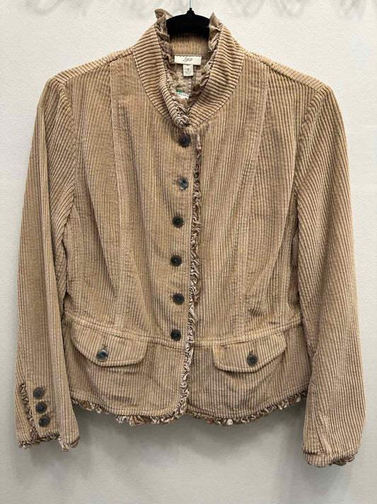 J Jill Corduroy Button Down Long Sleeve Ruffle Trim Size Small Tan Jacket