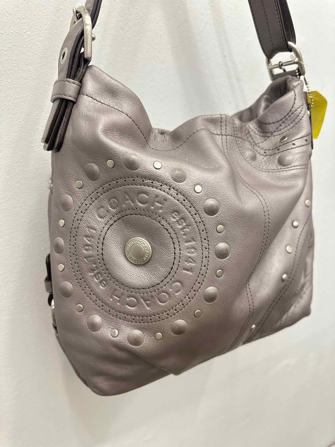 Coach Studded Applique Duffel Hobo Grey Leather Shoulder Handbag