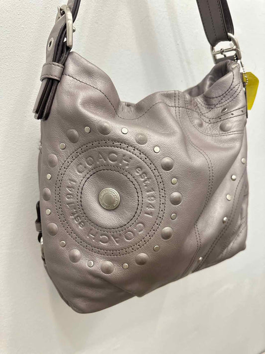 Coach Studded Applique Duffel Hobo Grey Leather Shoulder Handbag