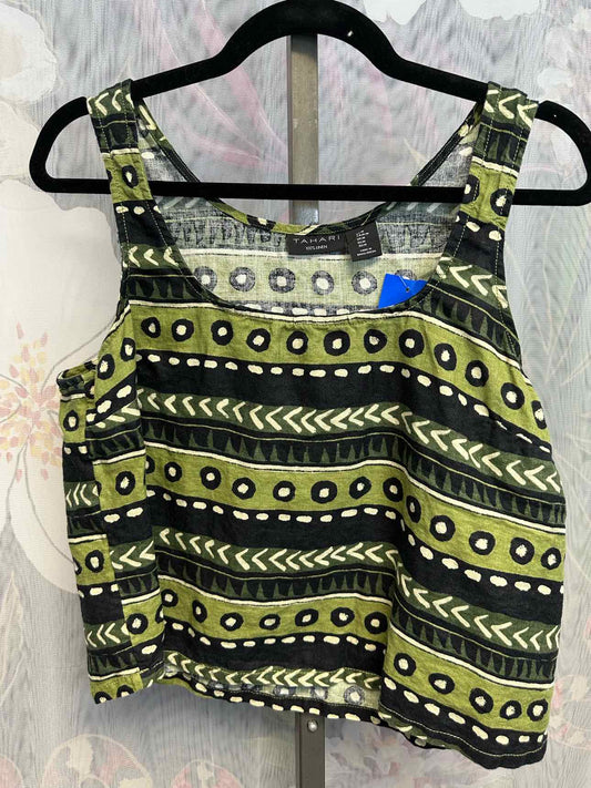 Tahari Medium Black/Green 100% LINEN, striped print design tank