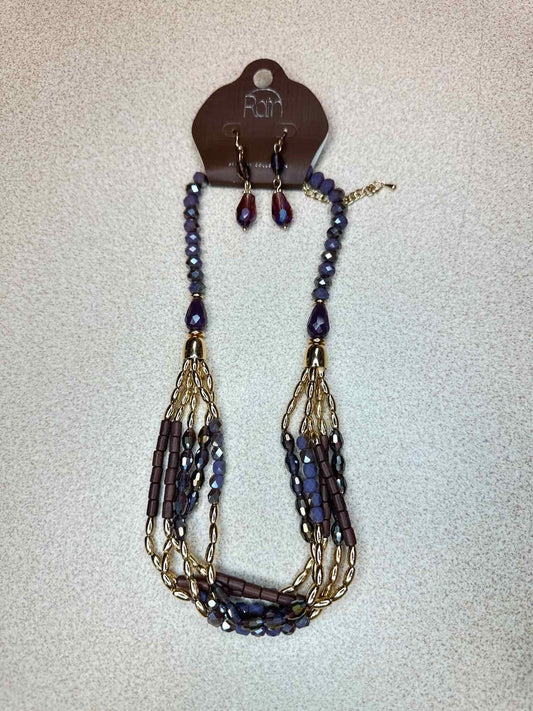 Purple Mix Glass Bead Layering Adjustable Necklace Earrings Set