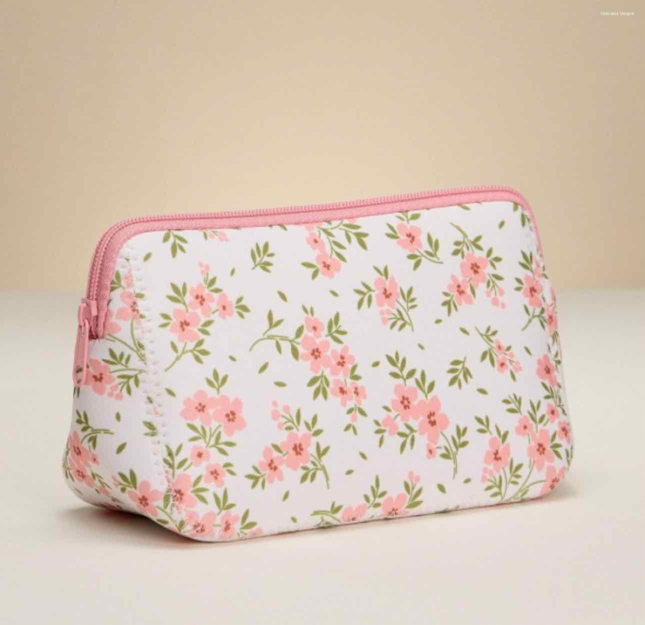 Pink Petite Flower Print Neoprene Zipper Pouch