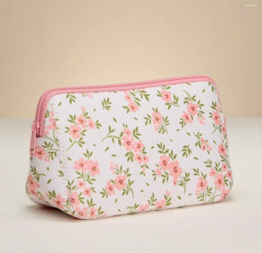 Pink Petite Flower Print Neoprene Zipper Pouch