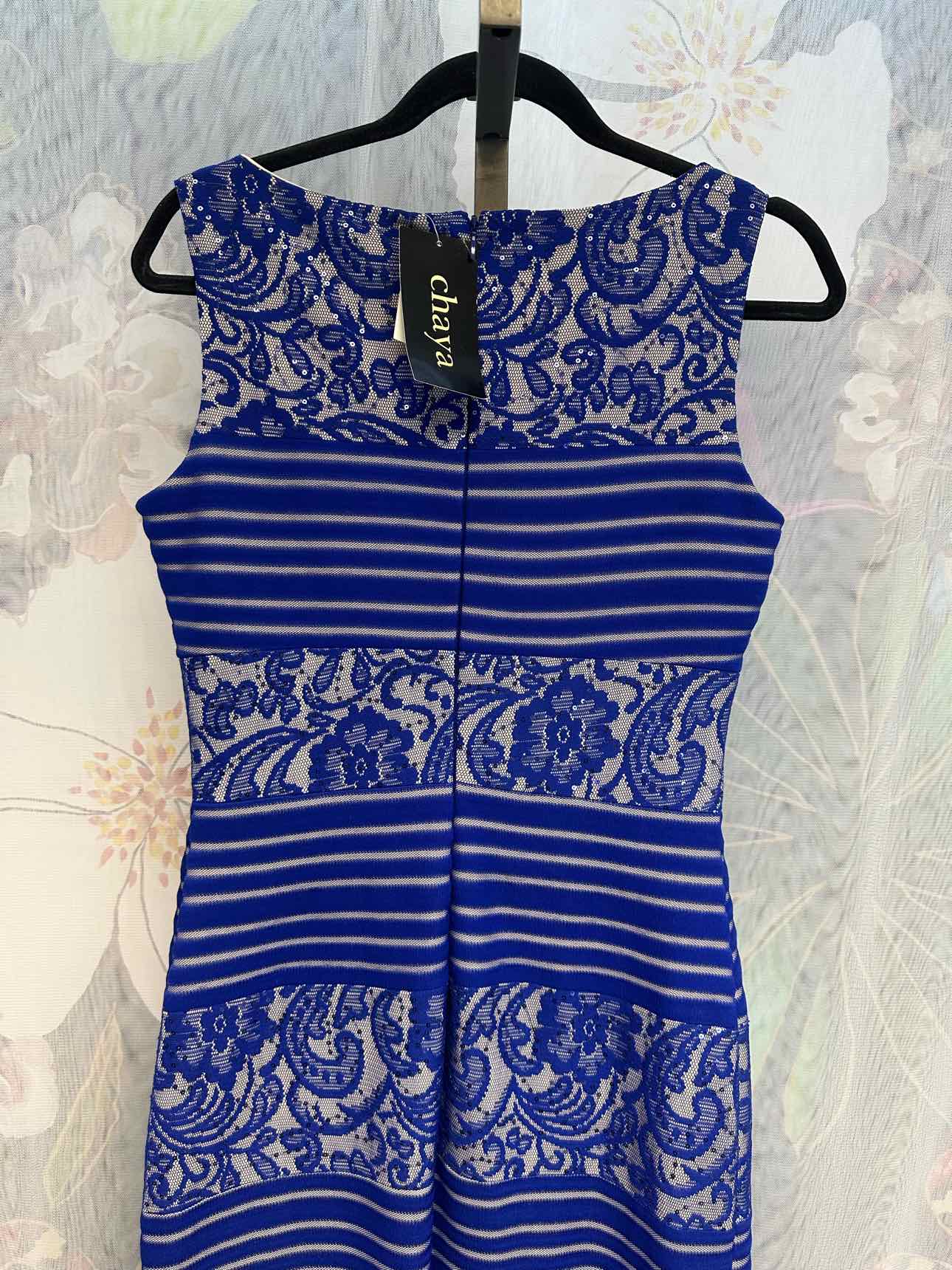 NWT Chaya 4 Blue Formal Dress stripe/paisley lace design, floor length