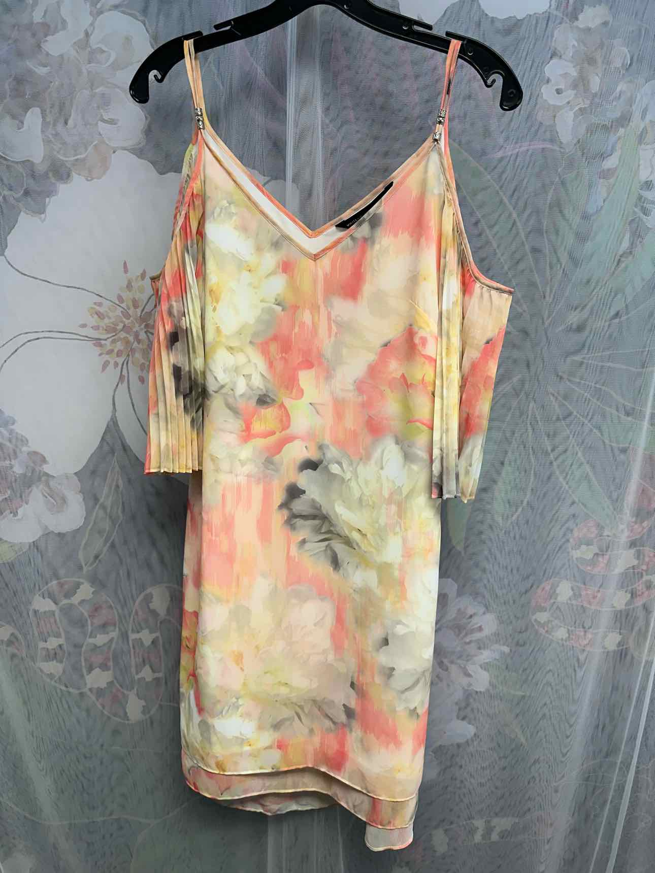 WHBM Floral Cold Shoulder Pleated Short Sleeve Semi Sheer 6 Pink/Yellow Dress