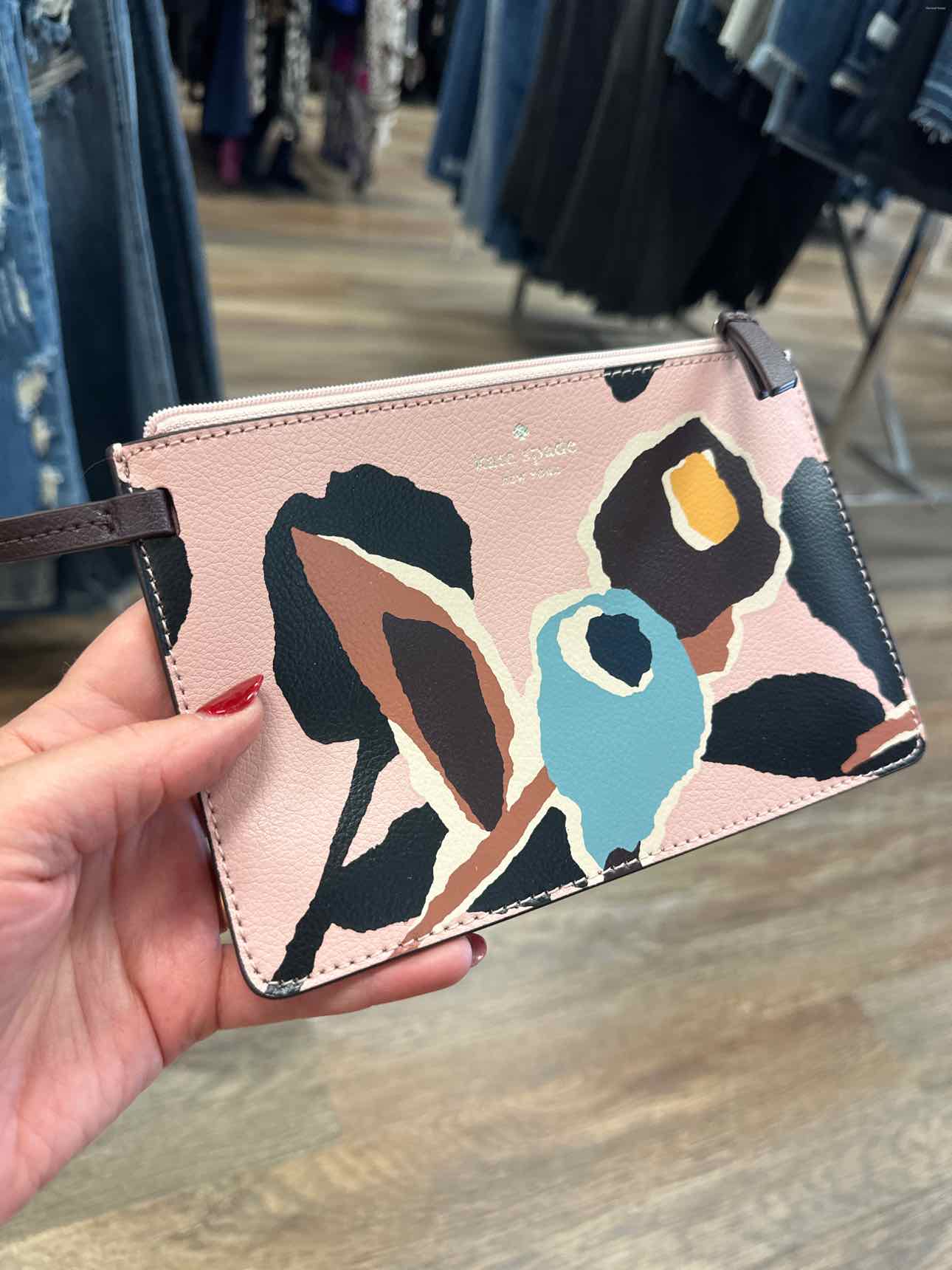 Kate Spade Cameron Paper Rose Design Wristlet Pink and Black Slim Leather Wallet