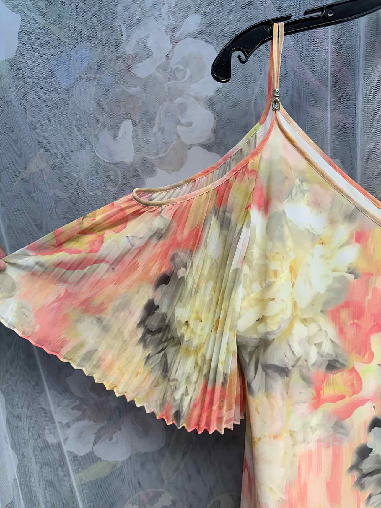 WHBM Floral Cold Shoulder Pleated Short Sleeve Semi Sheer 6 Pink/Yellow Dress