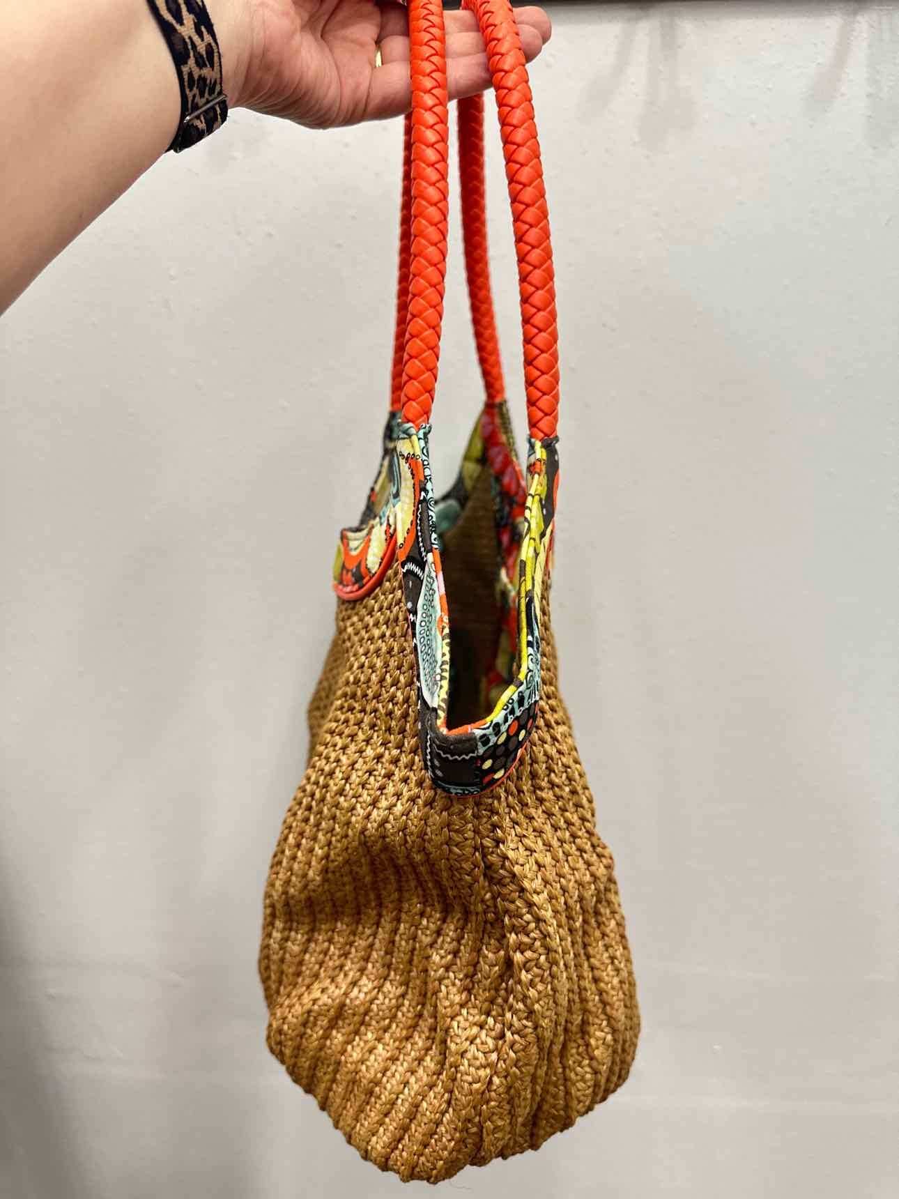 Vera Bradley Straw Bucket Tote Floral Pattern Brown and Orange Trim Handbag